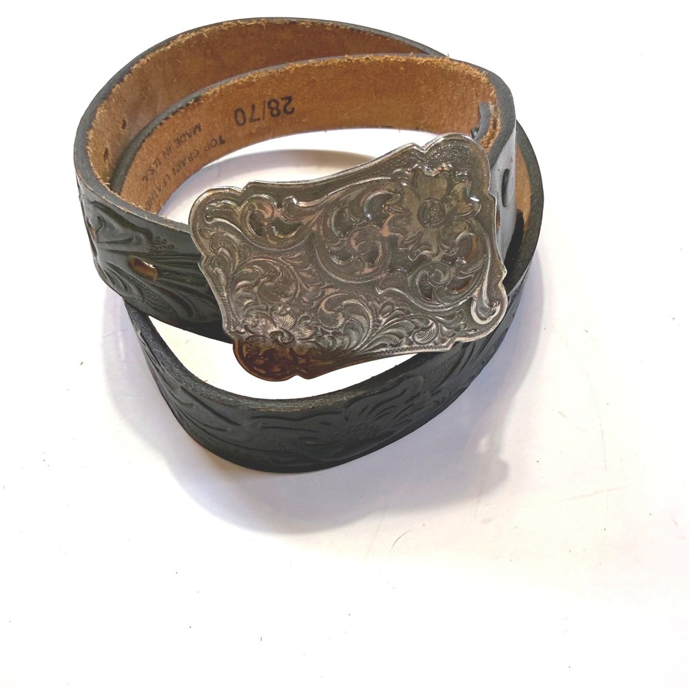 Wrangler Vintage 1994 Floral Embossed Black Leather Western Belt 28 Made in USA